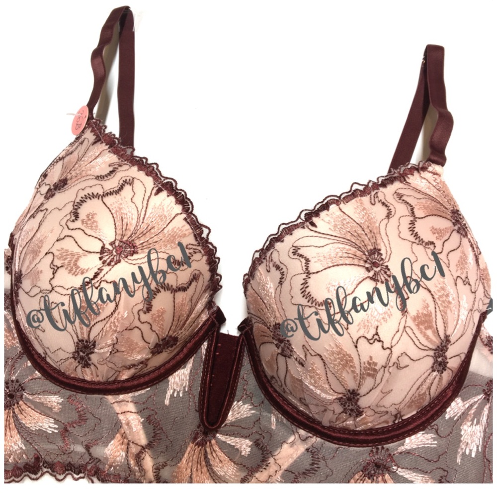 Cream & Maroon Long Line Floral Lace Push Up Bra - Picture 3 of 7